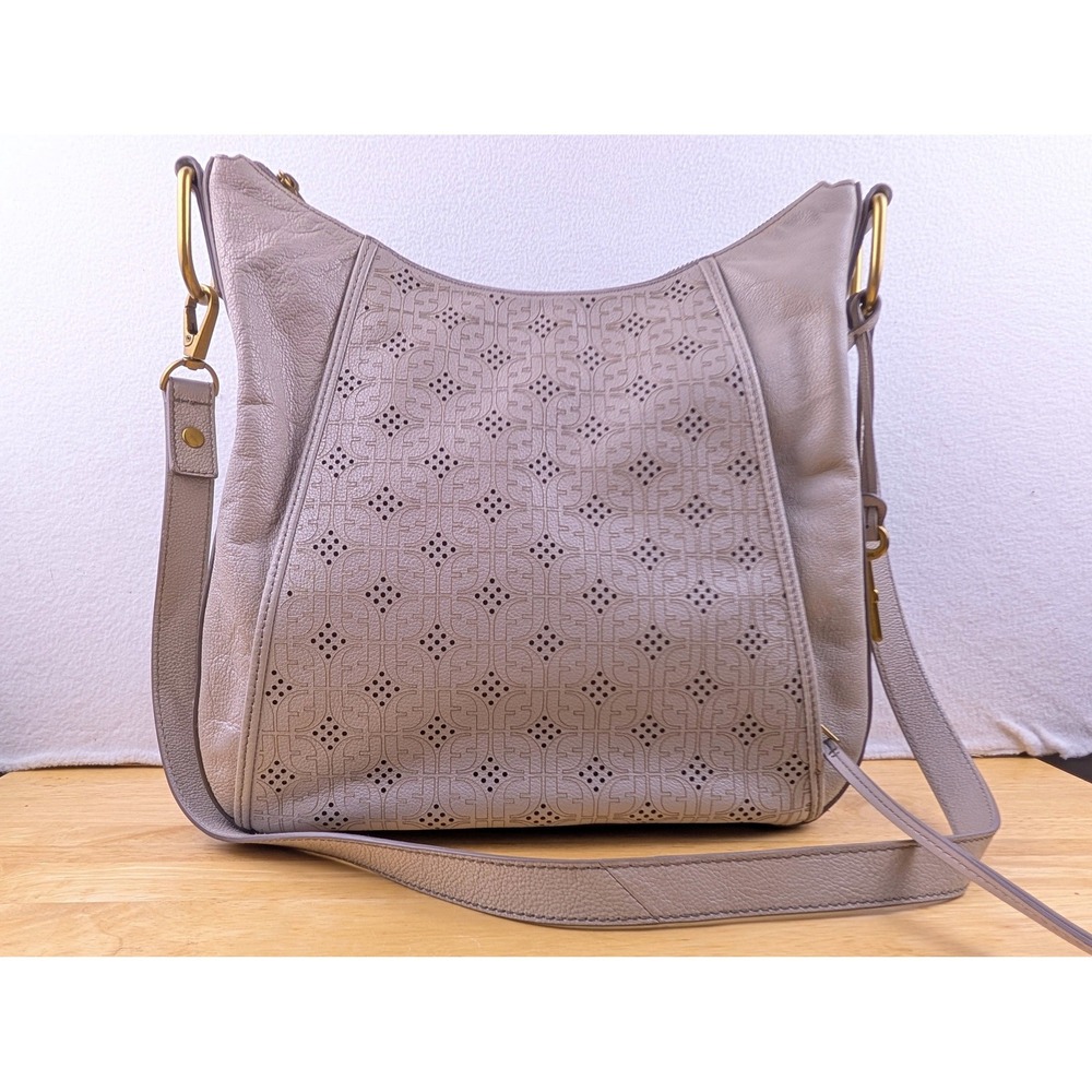 Fossil Maya Hobo Bag Gray Pebbled Leather Perforated Logo Crossbody ZB7229